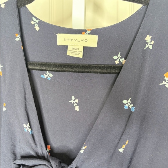 Anthropologie 11 Tylho Floral Tie Navy Blue Knee Length Midi Dress Small - Picture 3 of 11